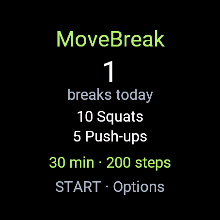 Pantalla de MoveBreak con una pausa registrada, 10 sentadillas y 5 flexiones